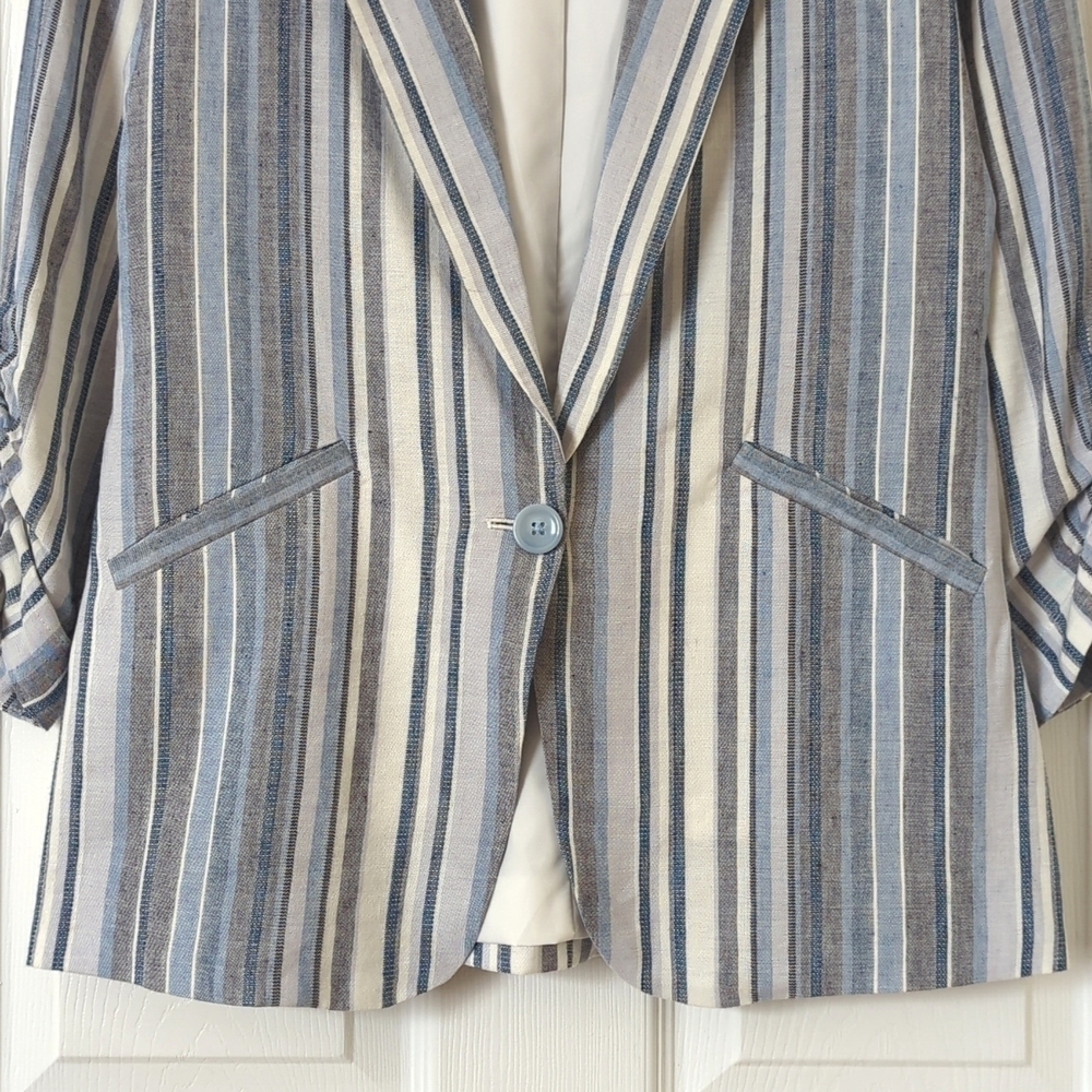 Drew Catalina Striped Linen Blend Boxy Single Button Blazer Jacket Blue Gray XS - Picture 8 of 13